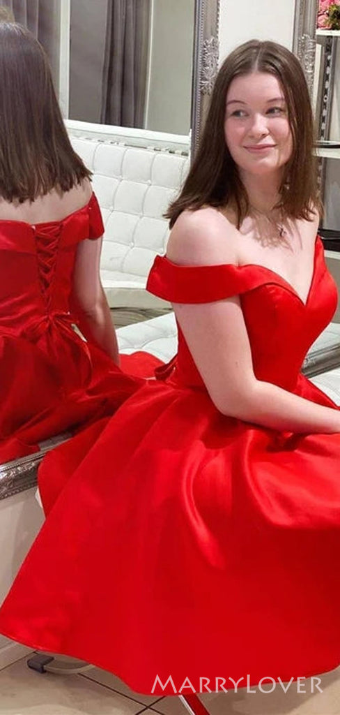 Red Satin A-line Off Shoulder Sweet Heart Short Homecoming Dresses, HM1021