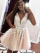 A-line Champagne Tulle Appliques Short V-neck Homecoming Dresses, HM1022