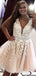 A-line Champagne Tulle Appliques Short V-neck Homecoming Dresses, HM1022