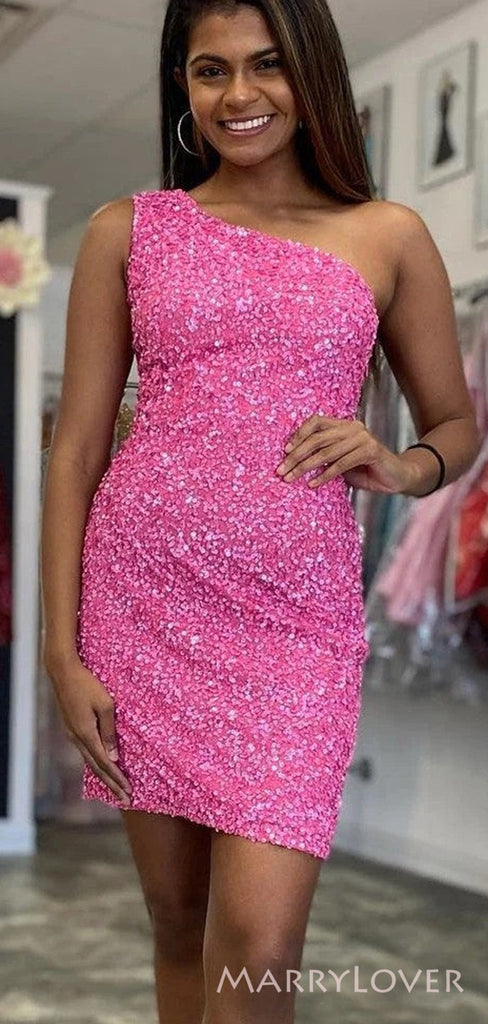 One Shoulder Hot Pink Sequins Short Backless Homecoming Dresses, HM1024