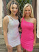 One Shoulder Hot Pink/White Sequins Short Homecoming Dresses, HM1028