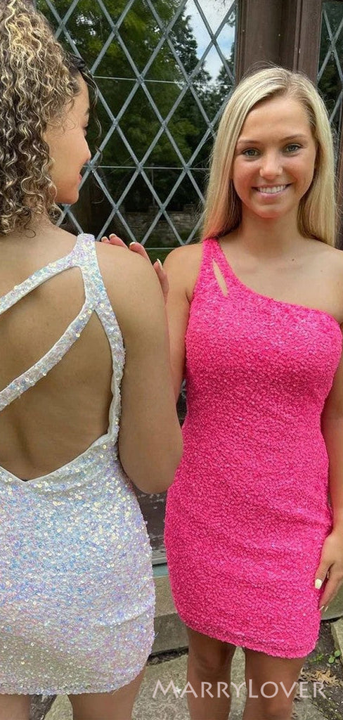 One Shoulder Hot Pink/White Sequins Short Homecoming Dresses, HM1028