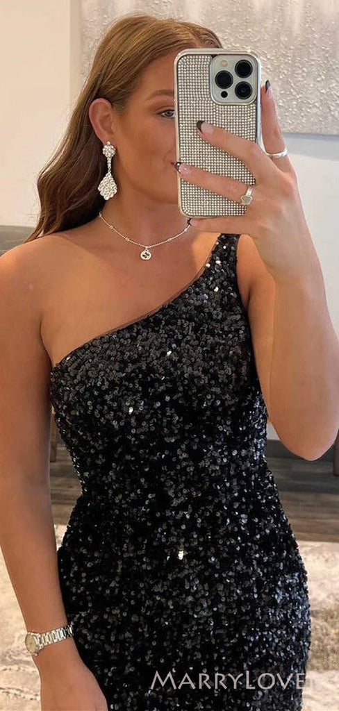 Simple One Shoulder Black Sequins Short Backless Homecoming Dresses, HM1030