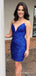 Simple Strapless Royal Blue Sequins Short V-neck Homecoming Dresses, HM1031