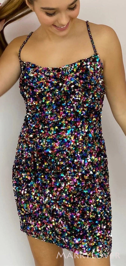 Spaghetti Straps Sequins Short backless Homecoming Dresses, HM1033