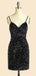 V-neck Spaghetti Straps Black Sequins Short backless Homecoming Dresses, HM1034