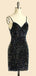 V-neck Spaghetti Straps Black Sequins Short backless Homecoming Dresses, HM1034