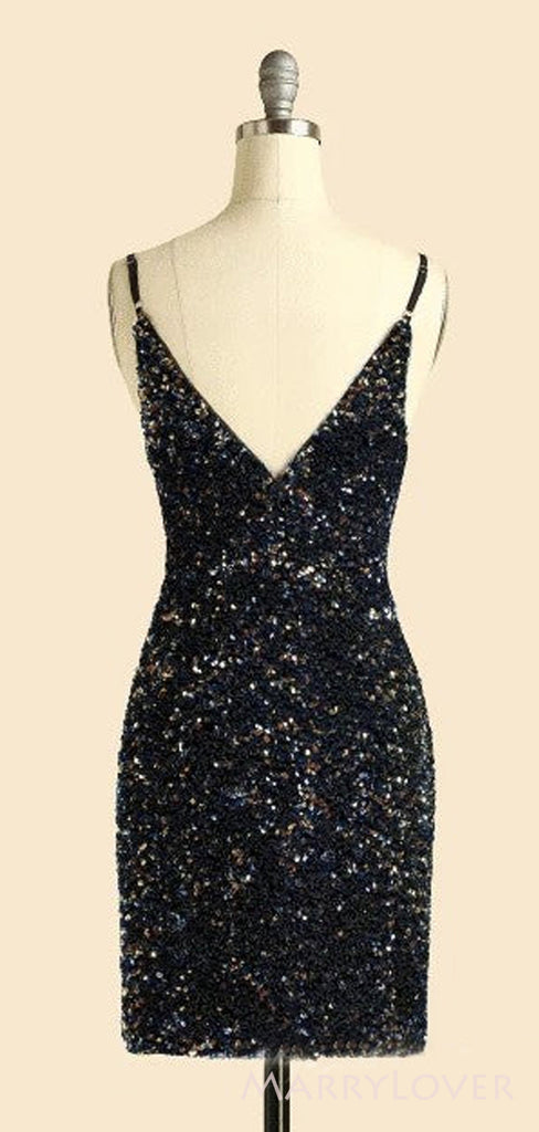 V-neck Spaghetti Straps Black Sequins Short backless Homecoming Dresses, HM1034