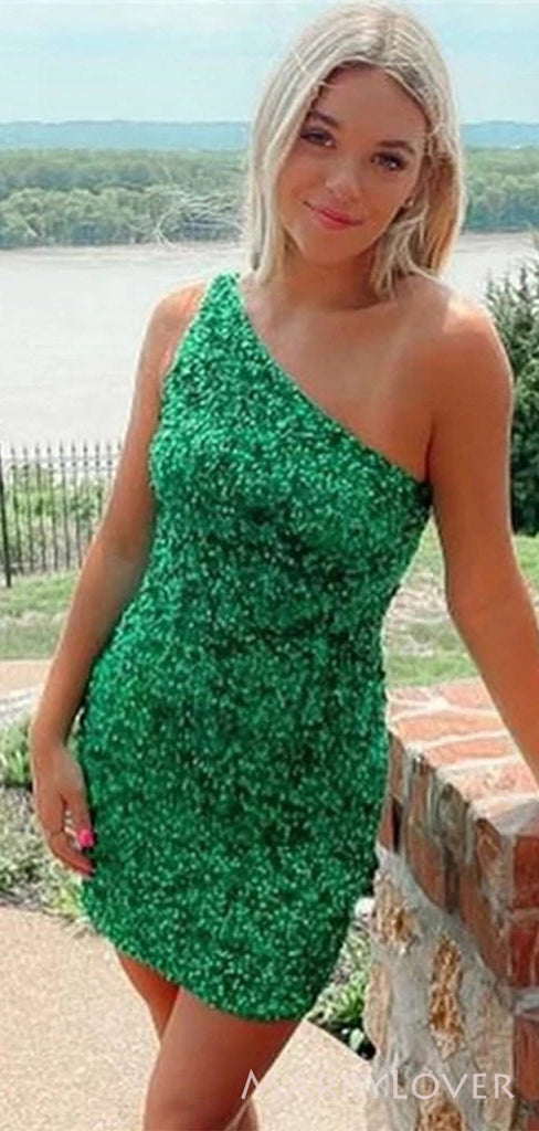 Green Sequins One Shoulder Short Backless Homecoming Dresses, HM1036