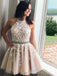 Champagne Tulle Appliques Beaded Short Halter Homecoming Dresses, HM1037
