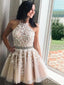 Champagne Tulle Appliques Beaded Short Halter Homecoming Dresses, HM1037