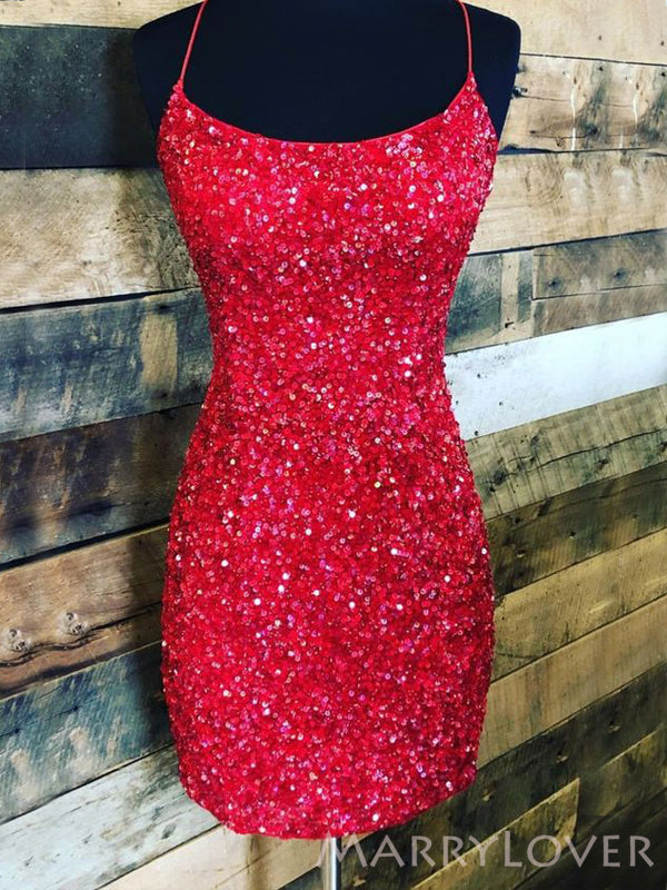 Red Sequins Spaghetti Straps Bateau Short Backless Homecoming Dresses, HM1038