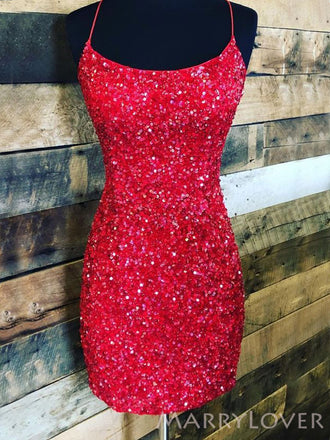 Red Sequins Spaghetti Straps Bateau Short Backless Homecoming Dresses, HM1038