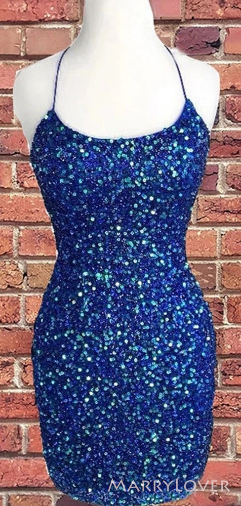 Red Sequins Spaghetti Straps Bateau Short Backless Homecoming Dresses, HM1038
