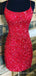 Red Sequins Spaghetti Straps Bateau Short Backless Homecoming Dresses, HM1038