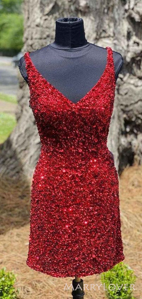 Red Sequins V-neck Spaghetti Straps Short backless Homecoming Dresses, HM1039