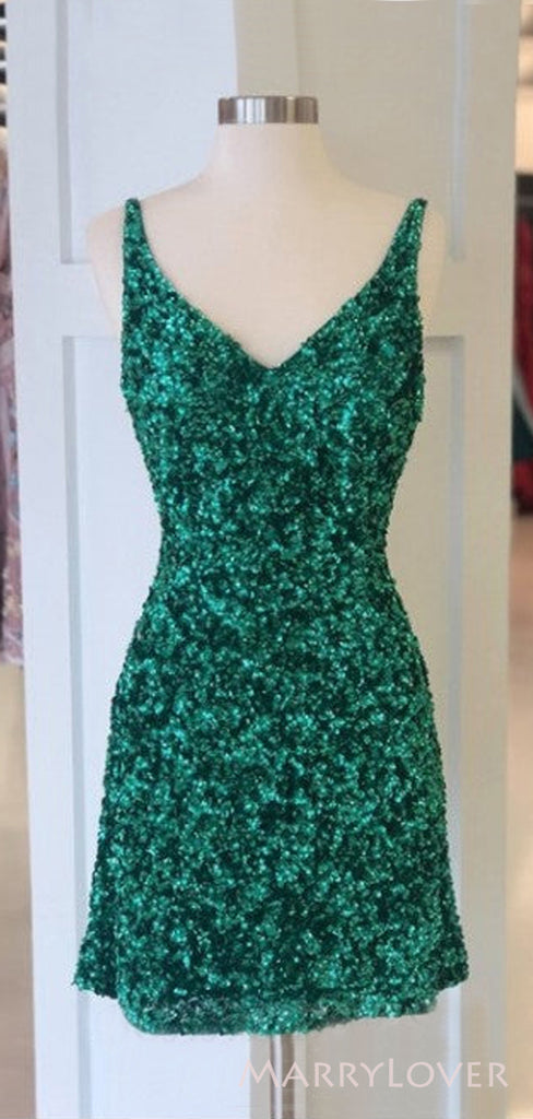 Red Sequins V-neck Spaghetti Straps Short backless Homecoming Dresses, HM1039