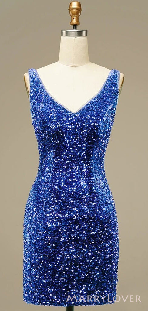 Blue Sequins V-neck Spaghetti Straps Short backless Homecoming Dresses, HM1040