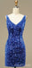 Blue Sequins V-neck Spaghetti Straps Short backless Homecoming Dresses, HM1040