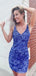 Blue Sequins V-neck Spaghetti Straps Short backless Homecoming Dresses, HM1040