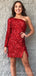 One Shoulder Long Sleeves Sequins Short Homecoming Dresses, HM1041