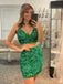 Two Pieces Green Sequins Spaghetti Straps V-neck Short Backless Homecoming Dresses, HM1042