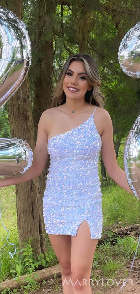 One Shoulder Sequins Short Side Slit Homecoming Dresses, HM1043