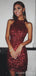 Dark Red Sequins Halter Short Homecoming Dresses, HM1044