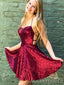 Burgundy Sequins Spaghetti Straps Short Backless Homecoming Dresses, HM1045