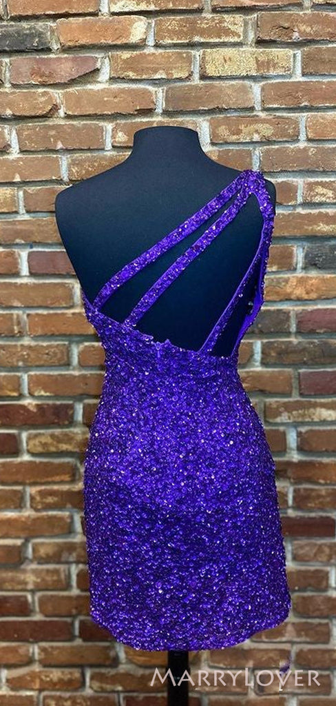 Simple One Shoulder Royal Blue Sequins Short Homecoming Dresses, HM1046