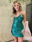 Simple Spaghetti Straps Green Sequins Short backless Homecoming Dresses, HM1049