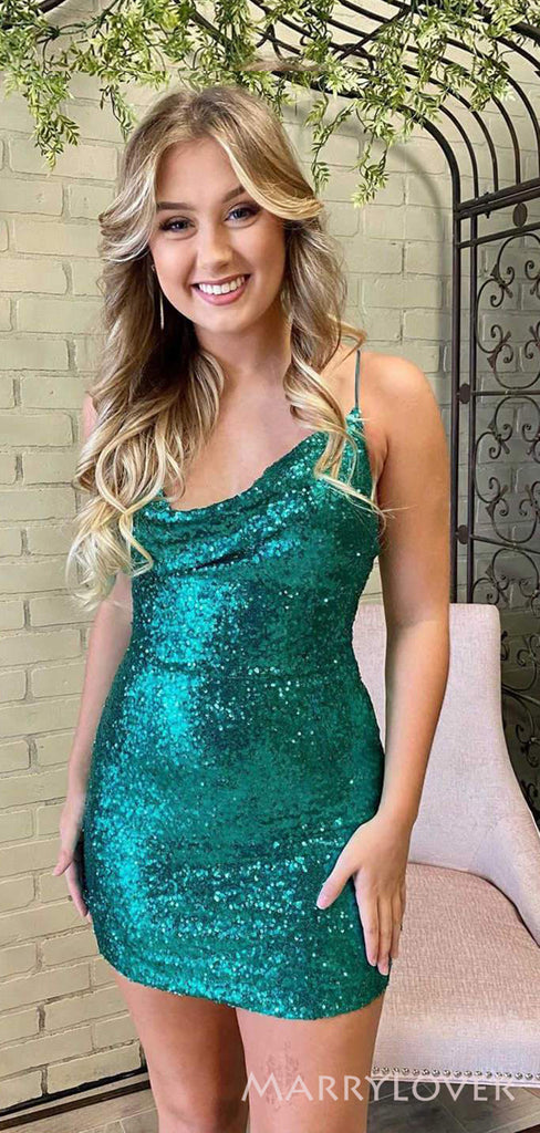 Simple Spaghetti Straps Green Sequins Short backless Homecoming Dresses, HM1049