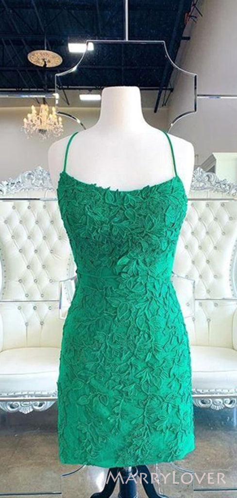 Spaghetti Straps Green Appliques Backless Short Homecoming Dresses, HM1050