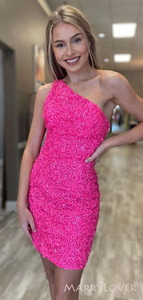 Simple One Shoulder Hot Pink Sequins Short Homecoming Dresses, HM1051