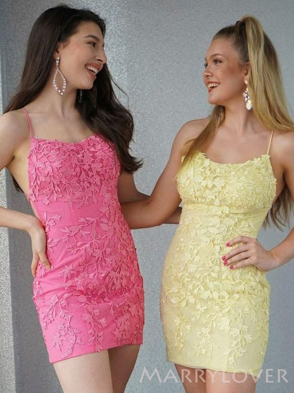Spaghetti Straps Yellow Appliques Backless Short Homecoming Dresses, HM1052