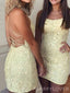 Spaghetti Straps Yellow Appliques Backless Short Homecoming Dresses, HM1052