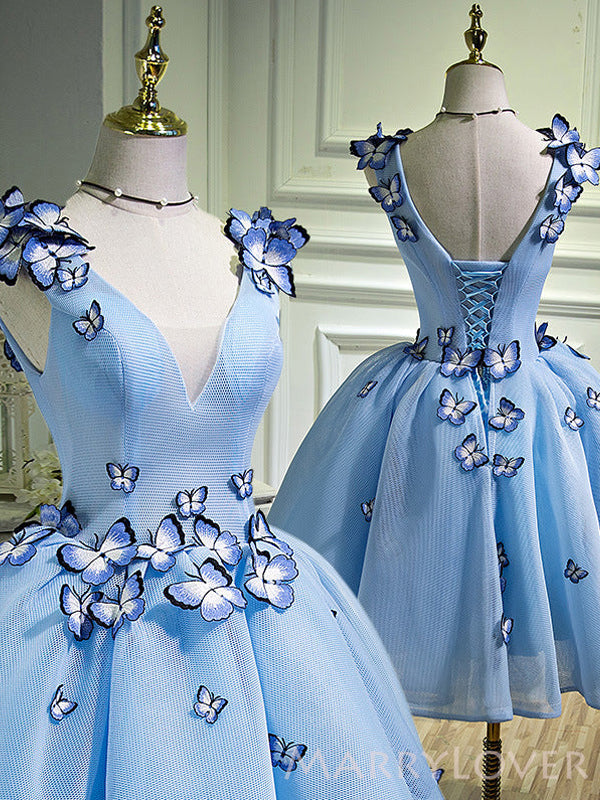 A-line Sky Blue Tulle Appliques V-neck Short Homecoming Dresses, HM1054