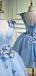 A-line Sky Blue Tulle Appliques V-neck Short Homecoming Dresses, HM1054