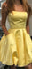 Yellow Satin Strapless A-line Short Backless Homecoming Dresses, HM1055