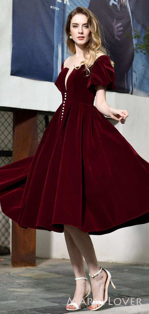 Dark red Velvet V-neck A-line Short Homecoming Dresses, HM1056