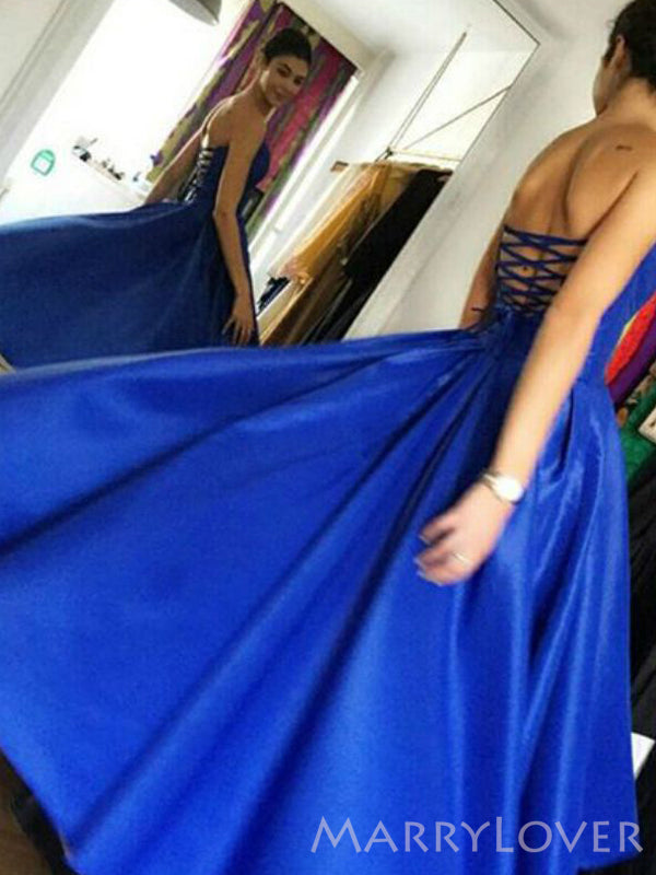 Royal Blue Satin Strapless A-line Short Backless Homecoming Dresses, HM1060