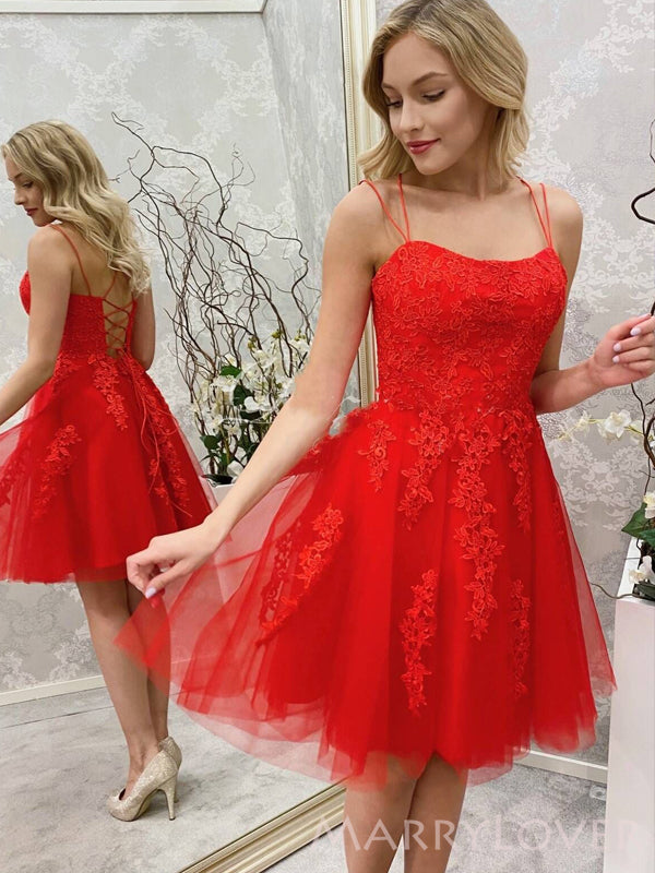 Red Tulle Appliques Spaghetti Straps A-line Short Backless Homecoming Dresses, HM1061