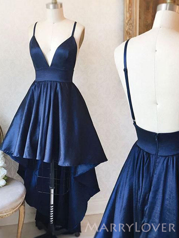 Spaghetti Straps Navy Blue Satin High-low A-line Short V-neck Homecoming Dresses, HM1064