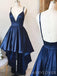 Spaghetti Straps Navy Blue Satin High-low A-line Short V-neck Homecoming Dresses, HM1064