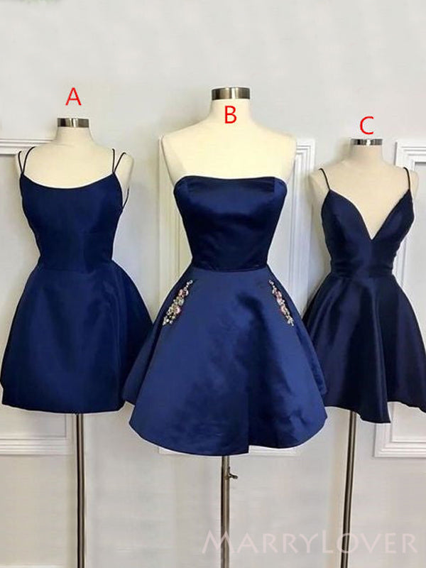 Navy Blue Satin A-line Short Backless Homecoming Dresses, HM1069