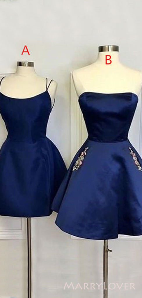 Navy Blue Satin A-line Short Backless Homecoming Dresses, HM1069