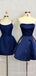 Navy Blue Satin A-line Short Backless Homecoming Dresses, HM1069