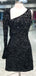 Black Sequins Long Sleeves Short Homecoming Dresses, HM1070