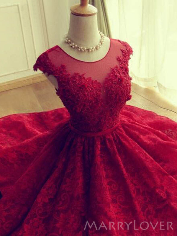 A-line Red Tulle Lace Appliques Short Homecoming Dresses, HM1076