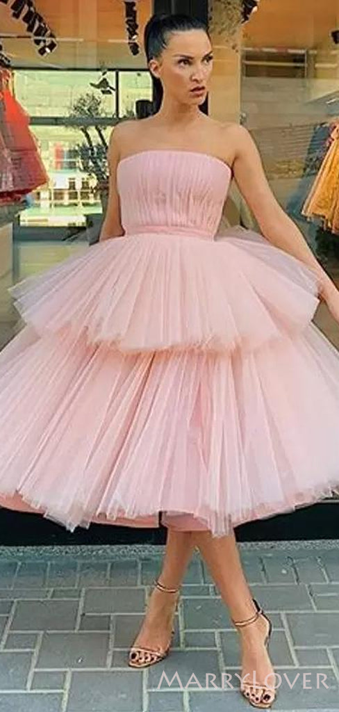 Pink Tulle A-line Strapless Short Homecoming Dresses, HM1078